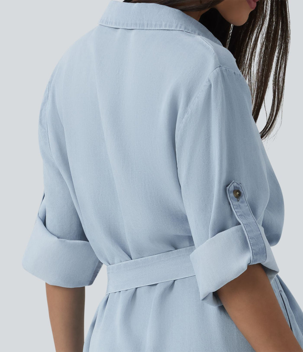 Robe courte casual denim en lyocell col V manches longues avec nœud devant et poches