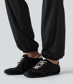 Jogging bouffant casual en lin extensible à taille haute croisée avec poches