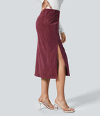 Jupe Casual en Velours Côtelé Mi-longue Taille Haute Fermeture Éclair Invisible et Fente fendue