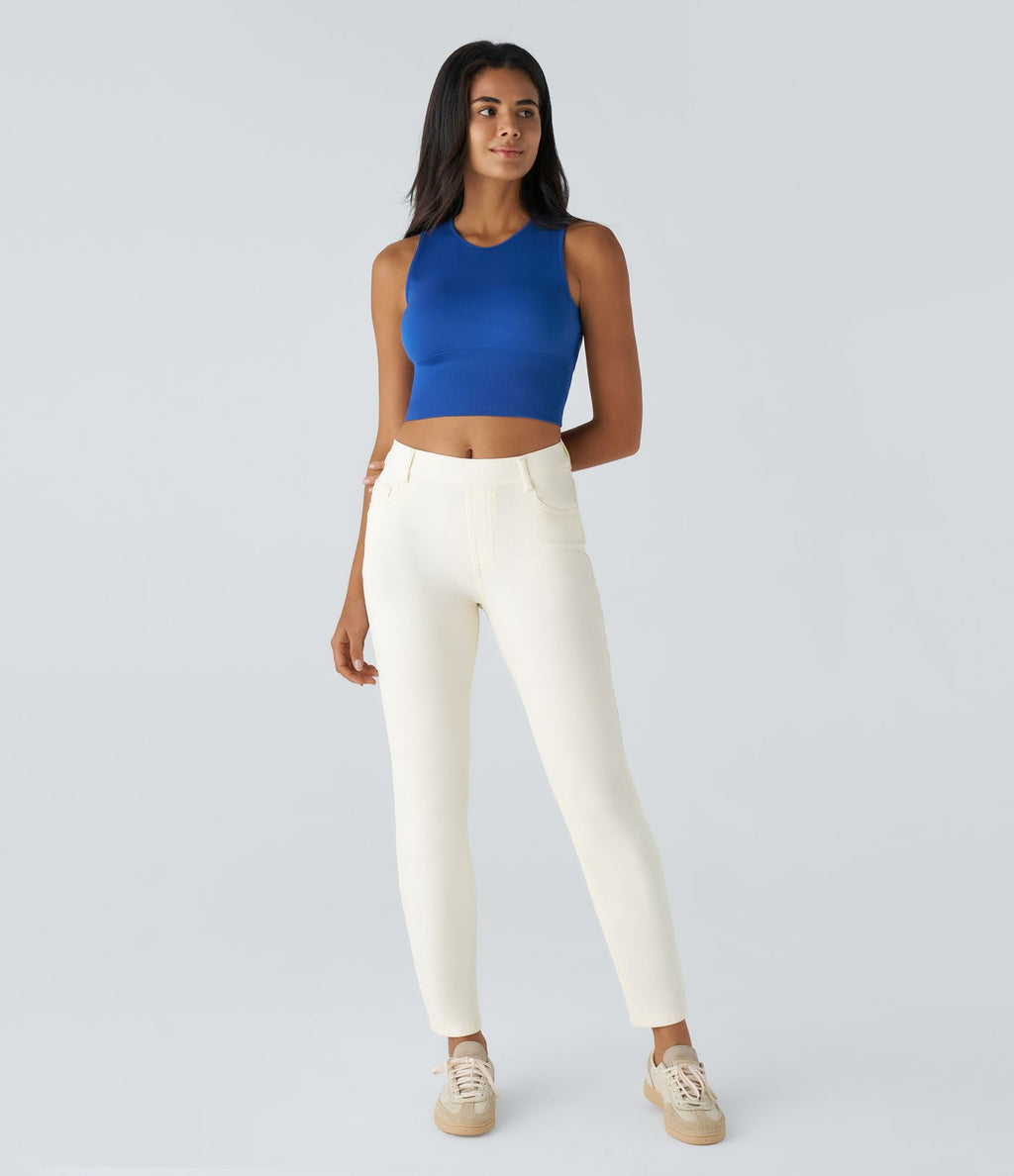 Jean droit Halara Flex™ à taille haute, poches multiples, effet délavé et tissu extensible