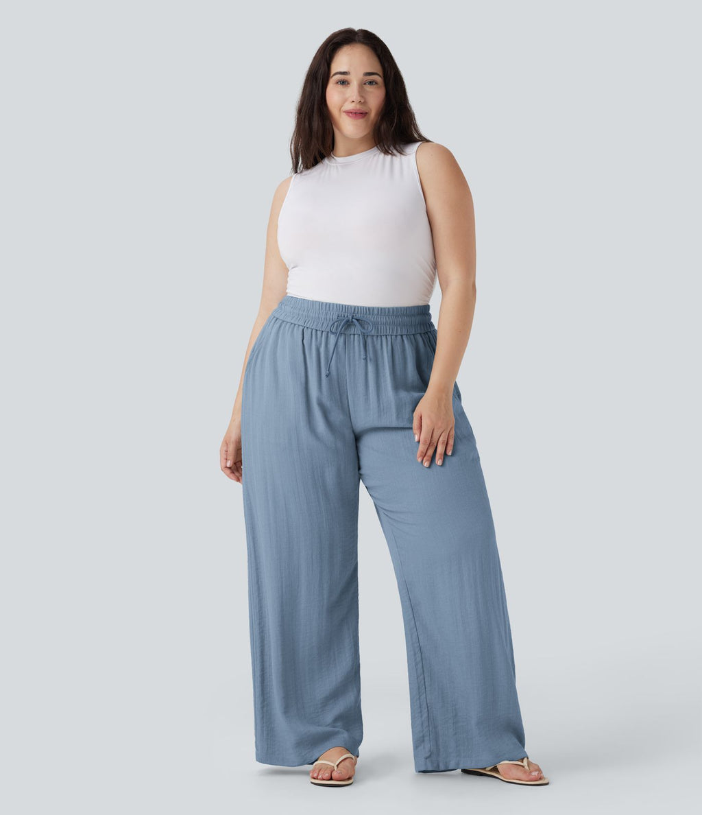 Pantalon décontracté grande taille large fluide taille haute effet lin avec cordon de serrage et poches