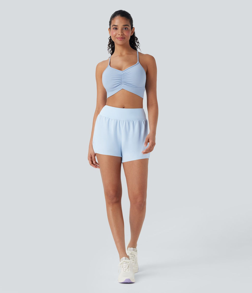 Short yoga 2-en-1 maille contrastée taille mid-rise avec poches
