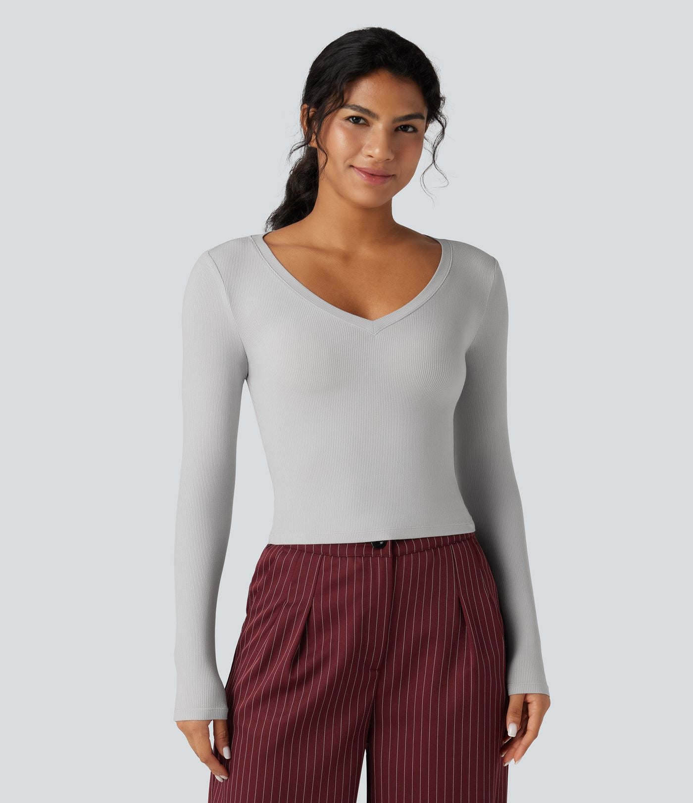 T-shirt tailleur côtelé court col V manches longues