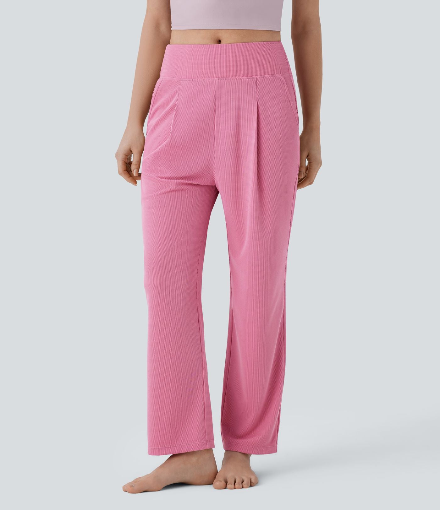 Pantalon de yoga droit en maille gaufrée, taille mi-haute, avec poche