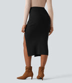 Jupe pull mi-longue moulante fendue taille haute