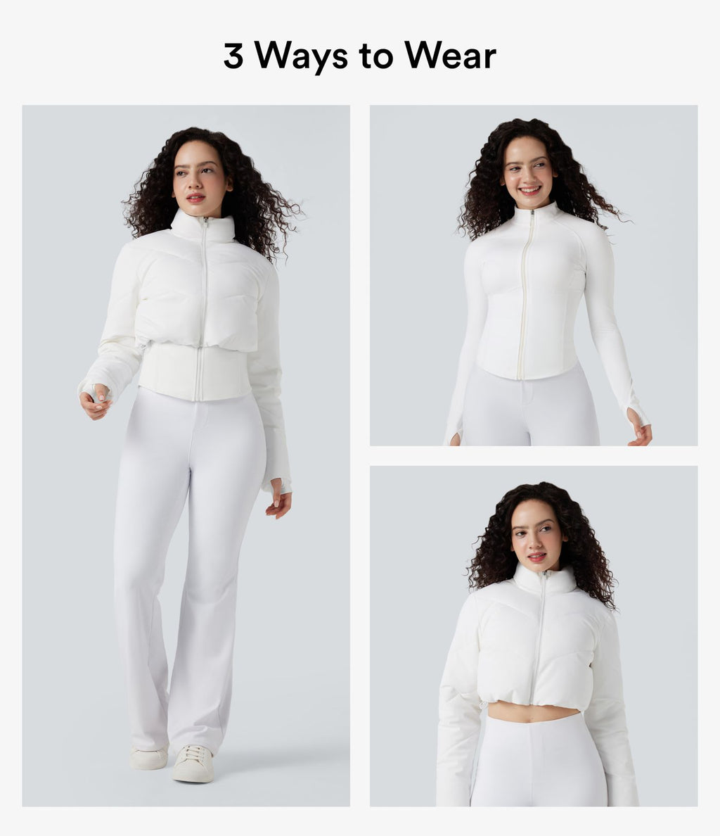 PuffFlex Manteau doudoune 3-en-1 court casual à col montant et veste à ourlet arrondi avec passants pouces et poche