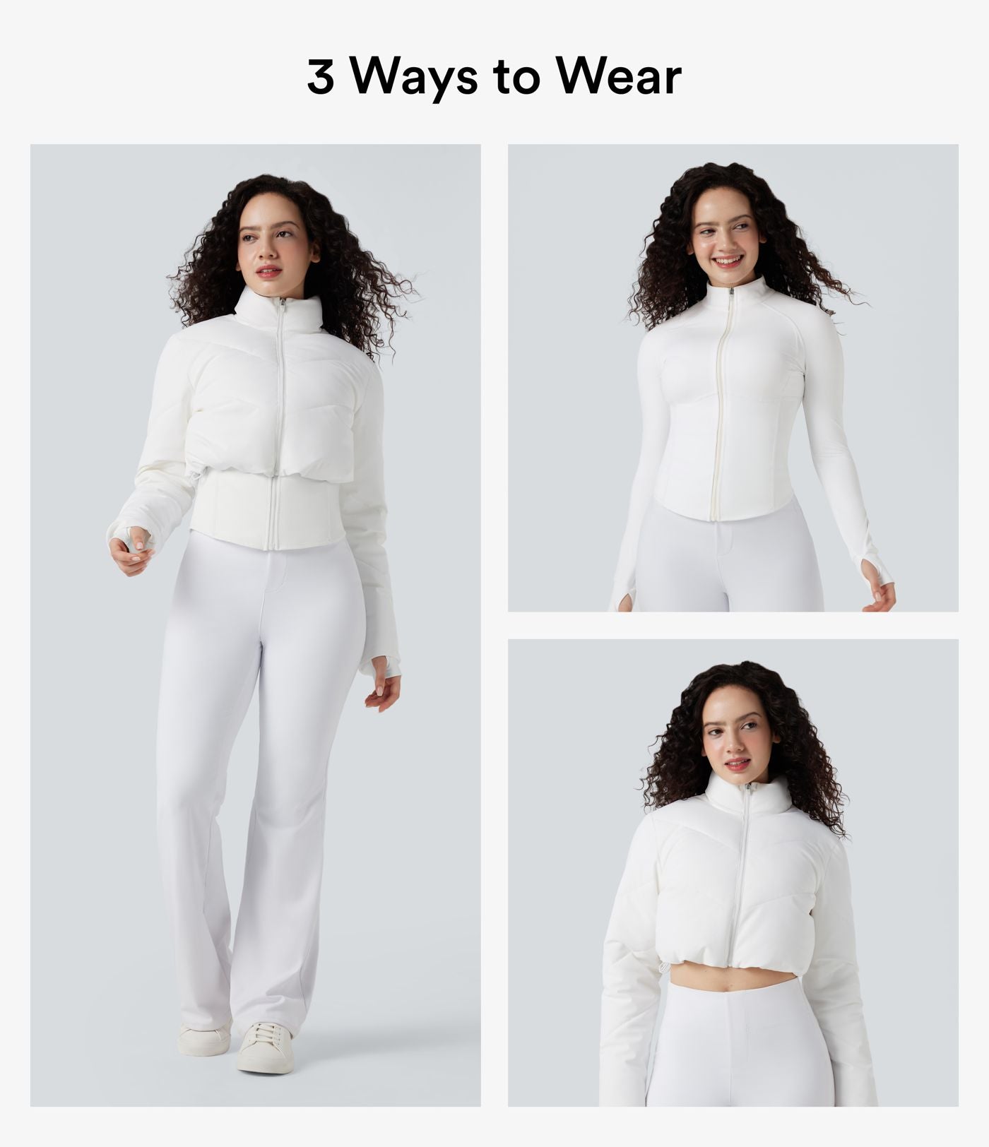 PuffFlex Manteau doudoune 3-en-1 court casual à col montant et veste à ourlet arrondi avec passants pouces et poche