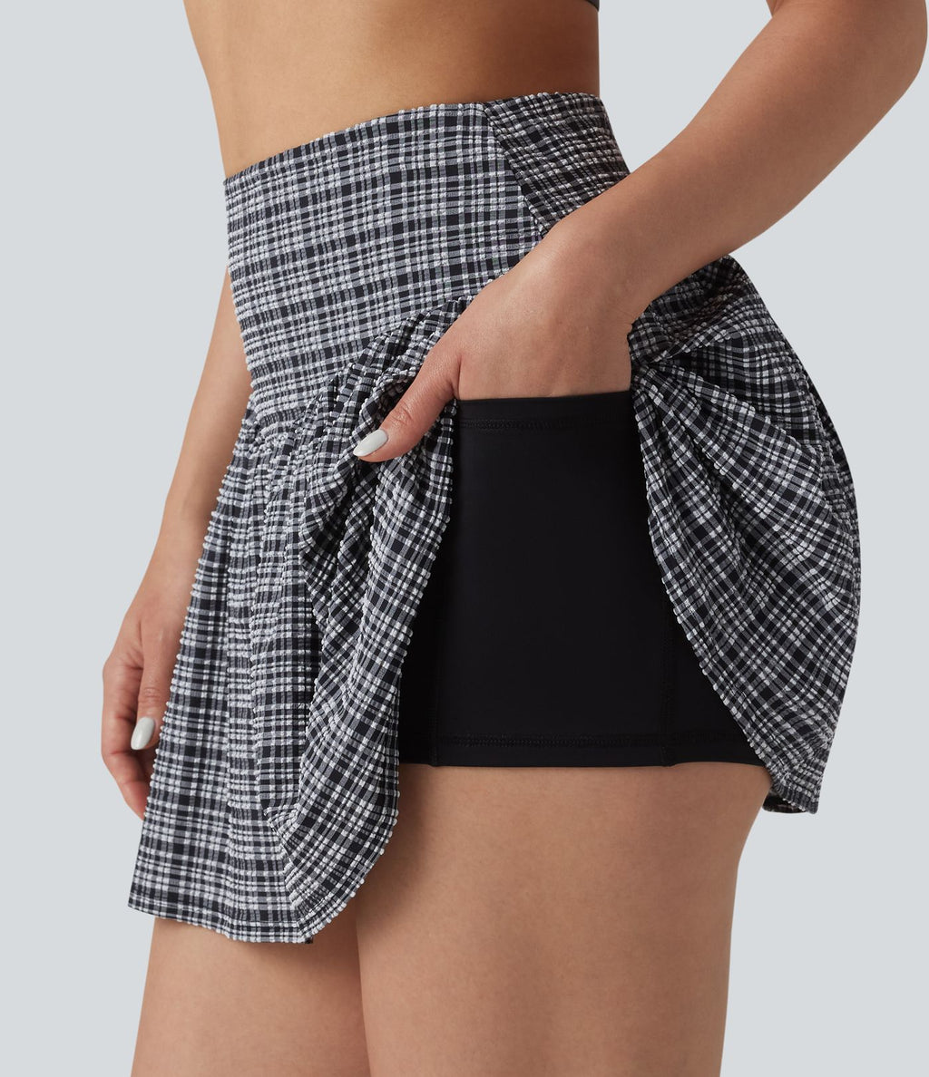 Jupe de tennis courte 2-en-1 trapèze taille haute à carreaux en tissu froissé séchage rapide avec poches