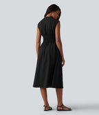 Robe tailleur midi col V sans manches fermeture éclair bidirectionnelle avec poches