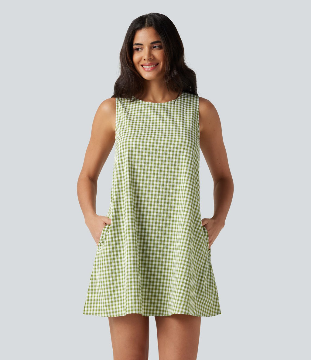 Robe débardeur mini décontractée col rond sans manches en vichy froissé avec poches