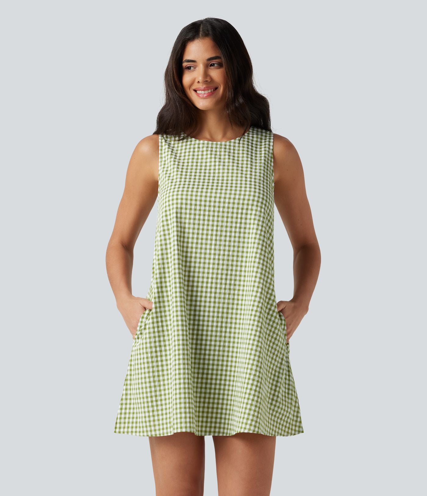 Robe débardeur mini décontractée col rond sans manches en vichy froissé avec poches