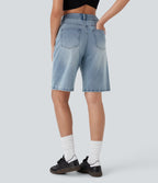 Bermuda en jean délavé Halara Flex™ taille haute à poches multiples