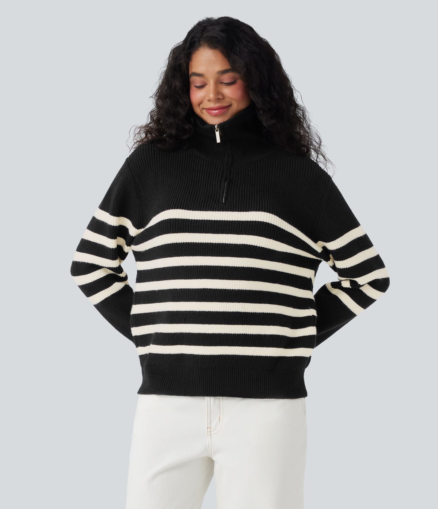 Pull décontracté color block rayé col revers demi-fermeture éclair