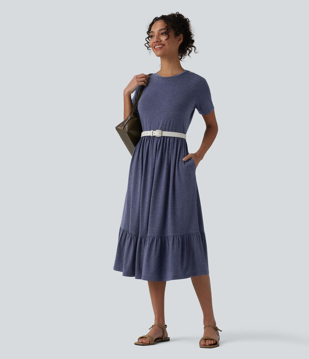 Robe midi casual chinée col rond à manches courtes, avec poches