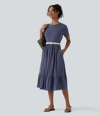 Robe midi casual chinée col rond à manches courtes, avec poches