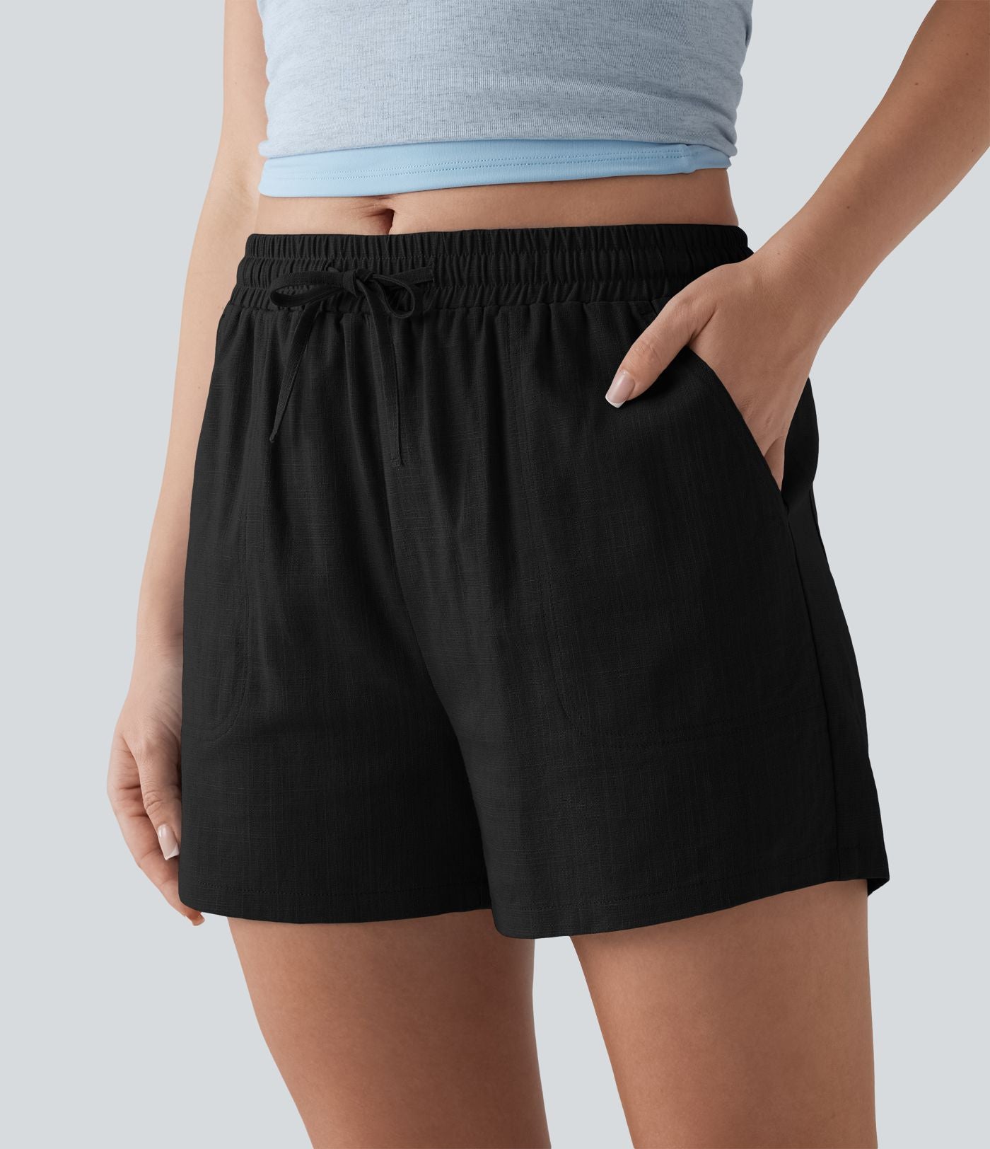 Short casual lin taille mi-haute avec cordon de serrage et poches