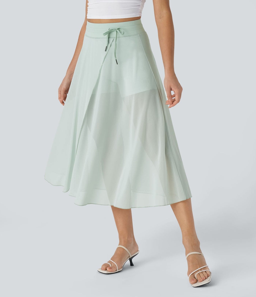 Jupe Casual Évasée Mesh Mi-Longue Fuide 2 en 1 Contrastée Taille Haute Cordon Poche Latérale