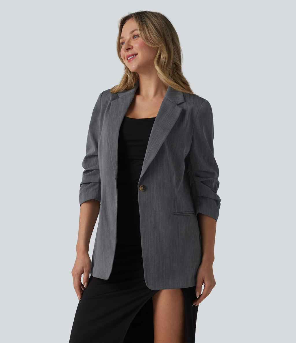 Blazer à manches 3/4 froncées, aspect lin, avec poches, idéal pour le bureau