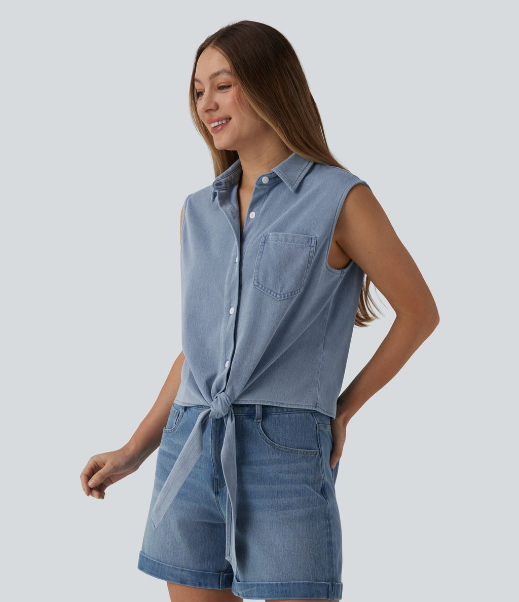 Halara Flex™ Chemise décontractée en denim sans manches à nouer sur le devant avec poche