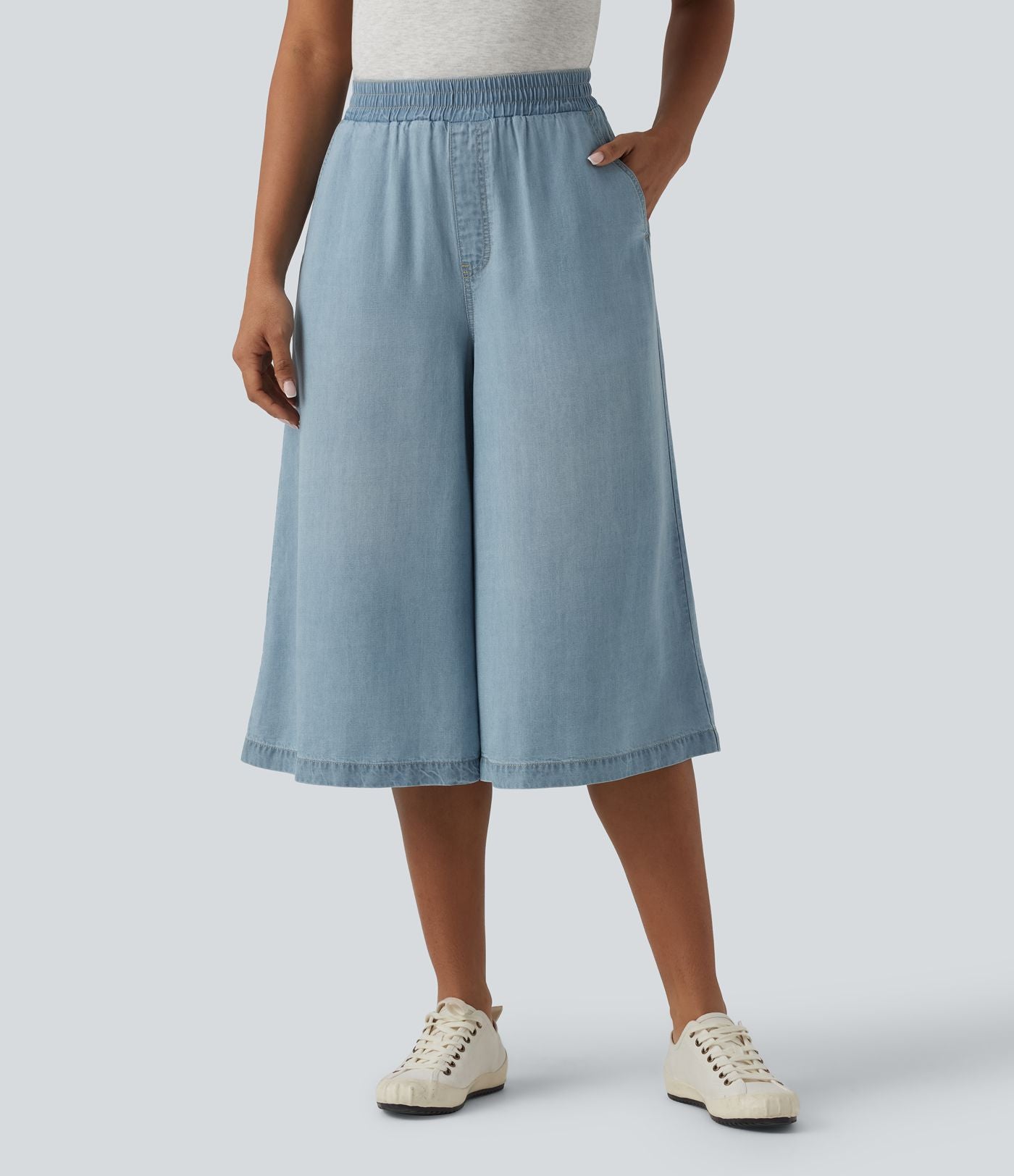 Jean large casual capri taille haute en lyocell avec poches