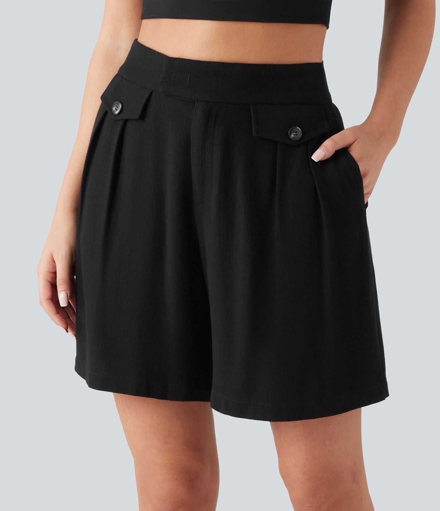 Short casual en mélange de lin taille haute 15 cm avec poches