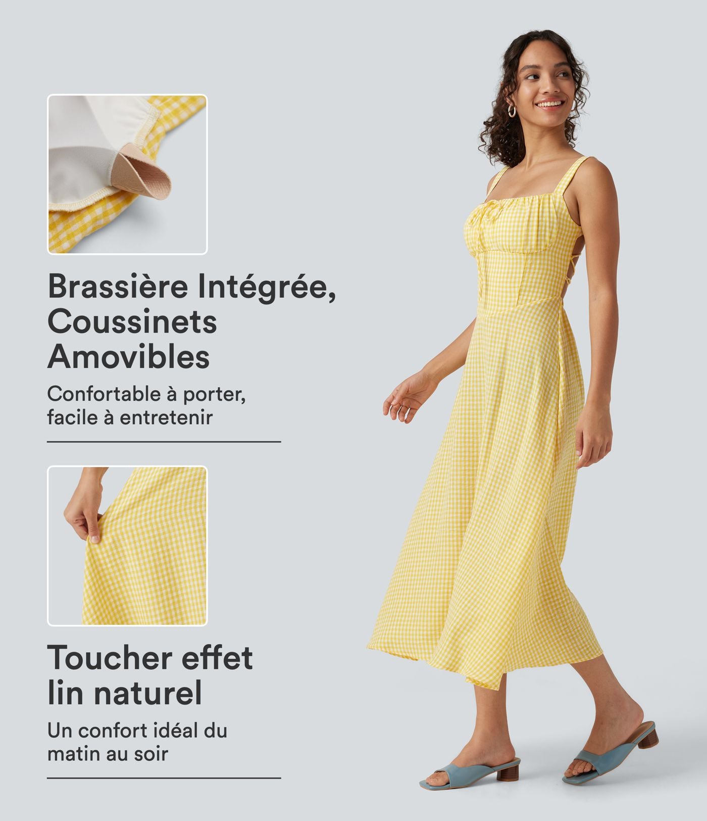 Robe midi fluide style vacances effet lin à motif tartan, encolure carrée, dos nu croisé et corset