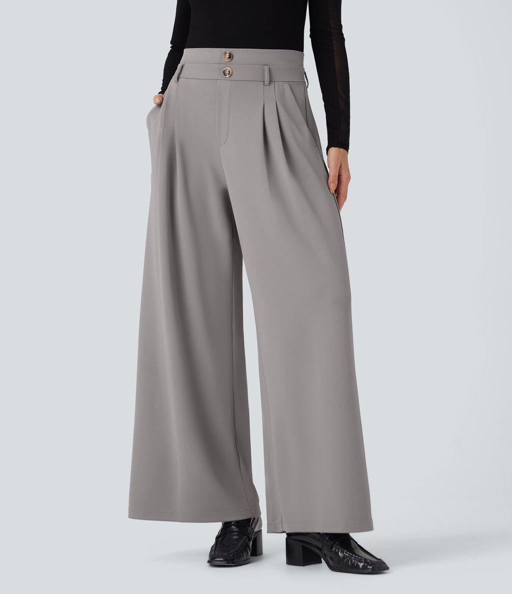 Pantalon de travail en crêpe à taille haute et jambes larges avec double ceinture et poches Halara Flex™