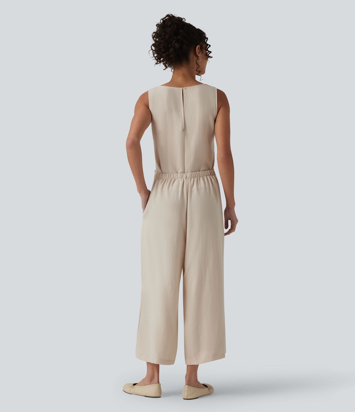 Combinaison casual aspect lin col rond échancré sans manches avec nœud frontal et poches – Easy Peasy