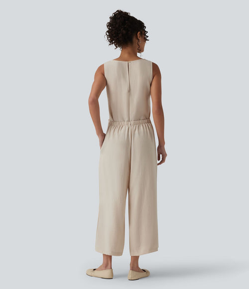 Combinaison casual aspect lin col rond échancré sans manches avec nœud frontal et poches – Easy Peasy