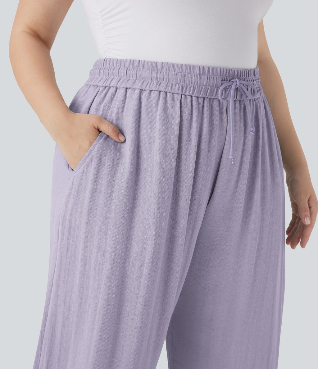 Pantalon décontracté grande taille large fluide taille haute effet lin avec cordon de serrage et poches