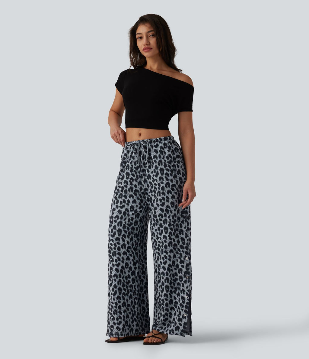 Pantalon large casual en maille gaufrée imprimé léopard taille mi-haute avec cordon de serrage et poches