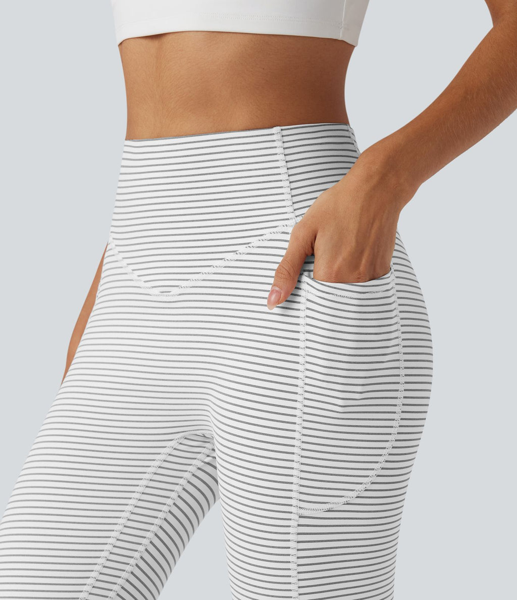 Legging de yoga 7/8 taille haute gainant à rayures et fronces avec poches