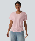 T-shirt décontracté uni à manches courtes, col V et fronces