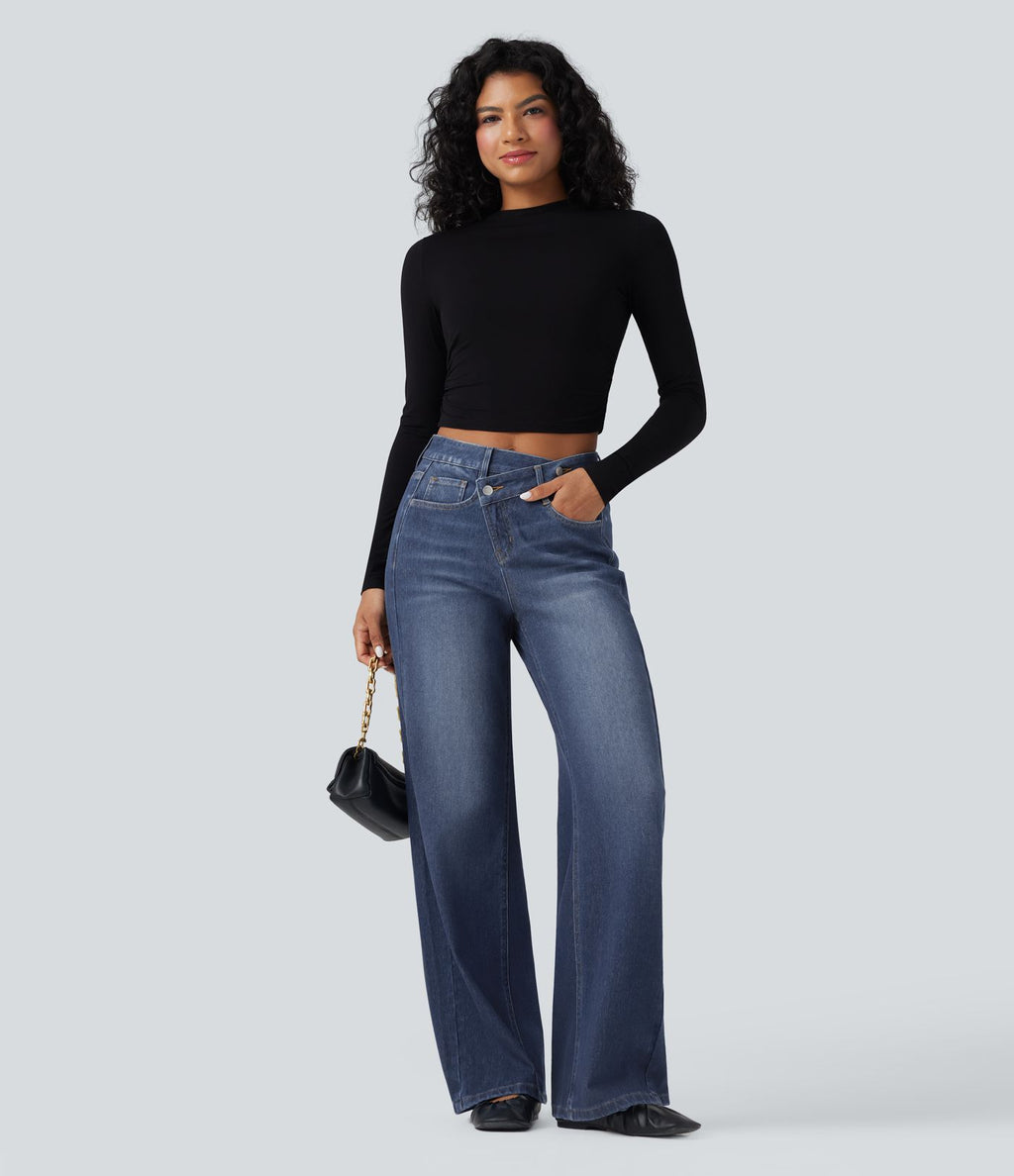 Jean baggy asymétrique Halara Flex™ taille haute effet délavé avec poches