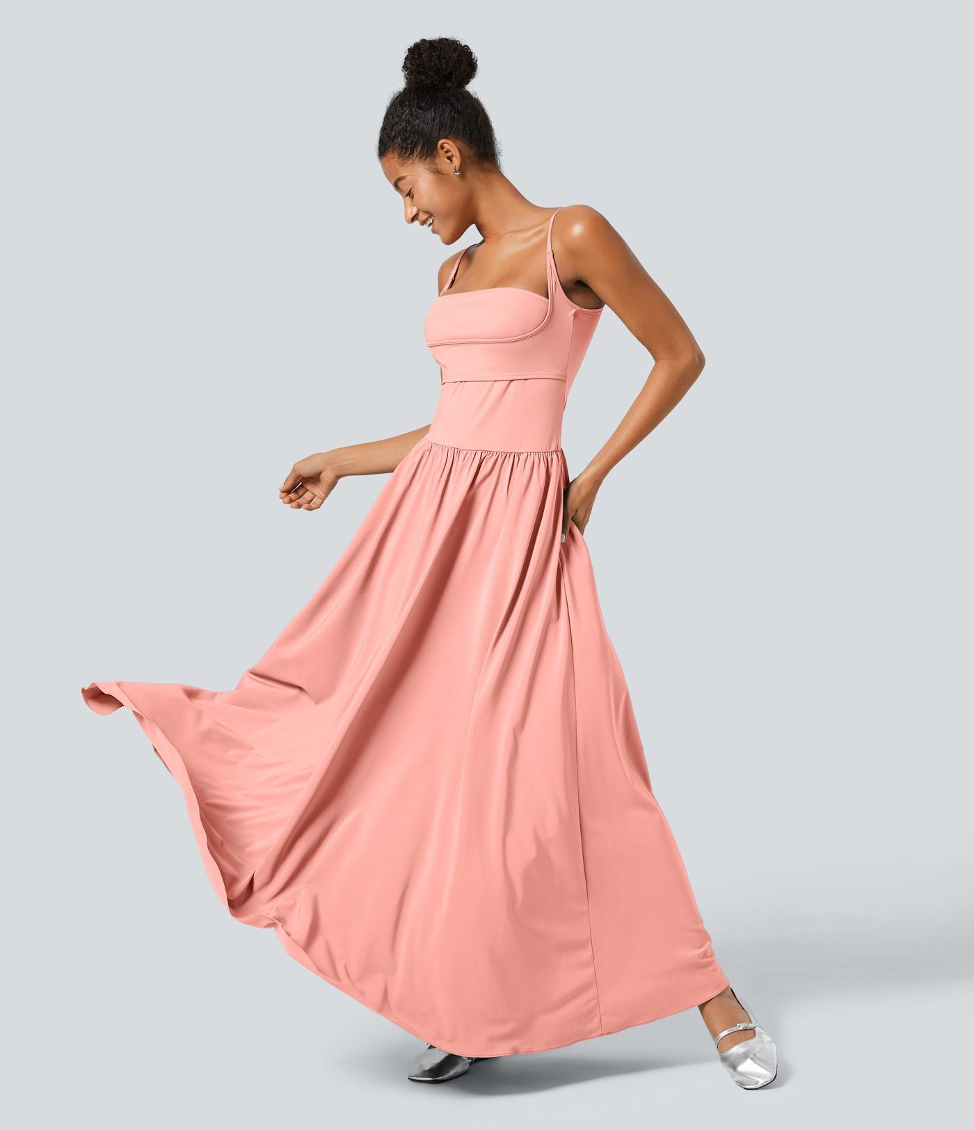 Breezeful™ Robe Débardeur Casual Dos Nu Poches Latérales Plissée Évasée Longue Séchage Rapide