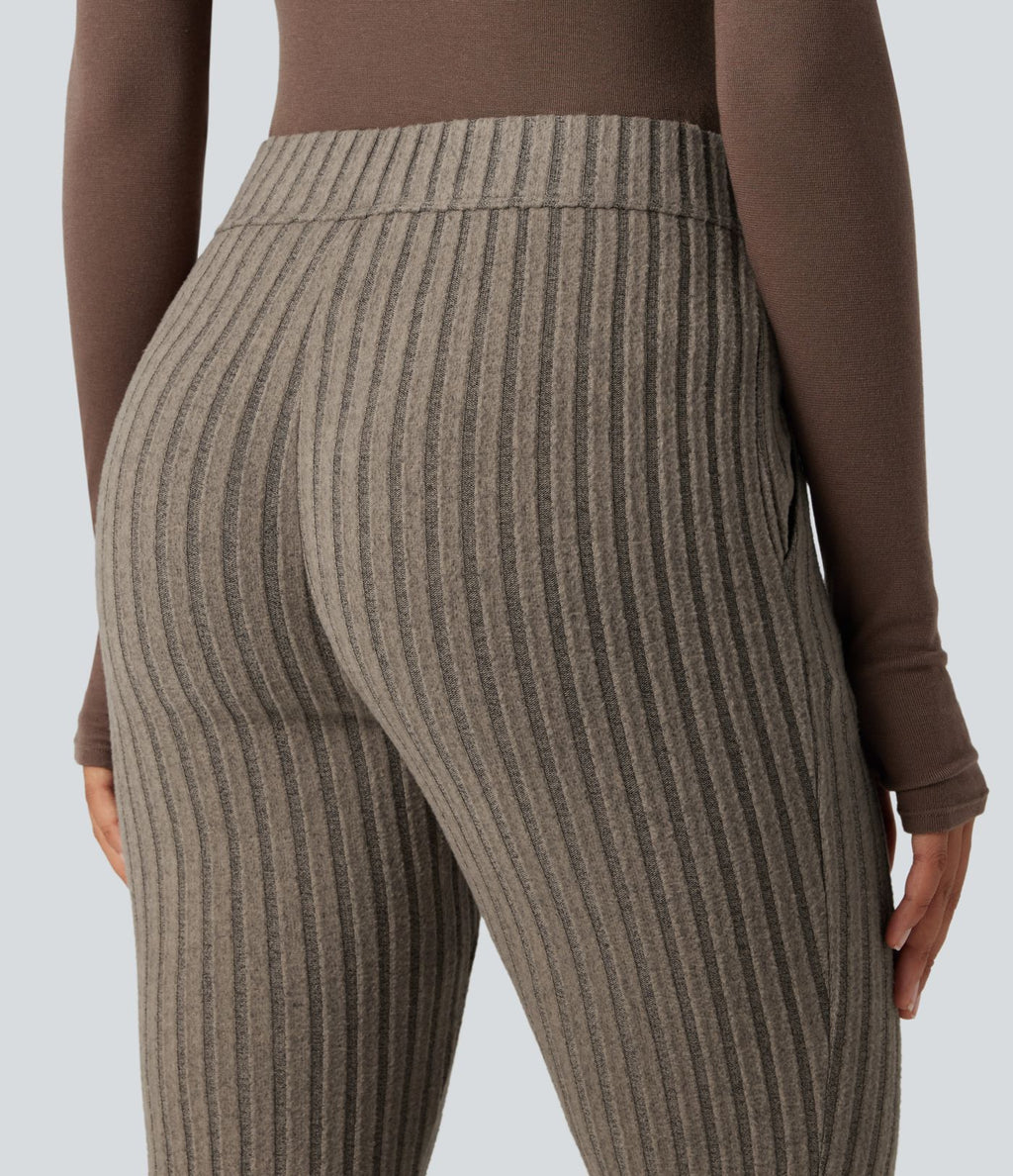 Pantalon évasé côtelé taille mi-haute boutonnage ourlet fendu avec poches