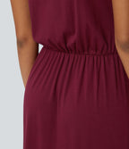 Robe Mi-Longue Plissée Décolleté Plongeant Sans Manches Haut Bas Ourlet Croisé