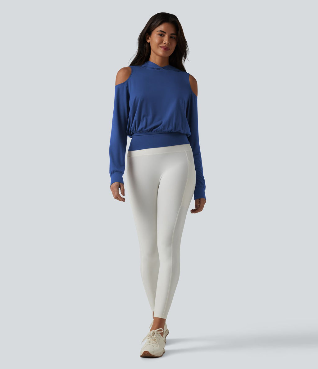 Sweat-shirt de sport à capuche épaules dénudées manches longues