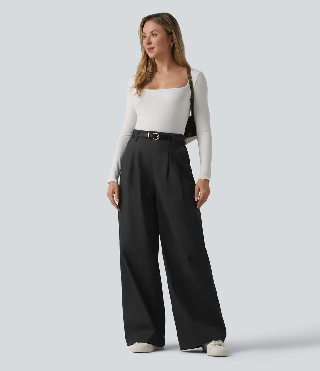 Pantalon chino de travail ample taille haute en coton avec poches