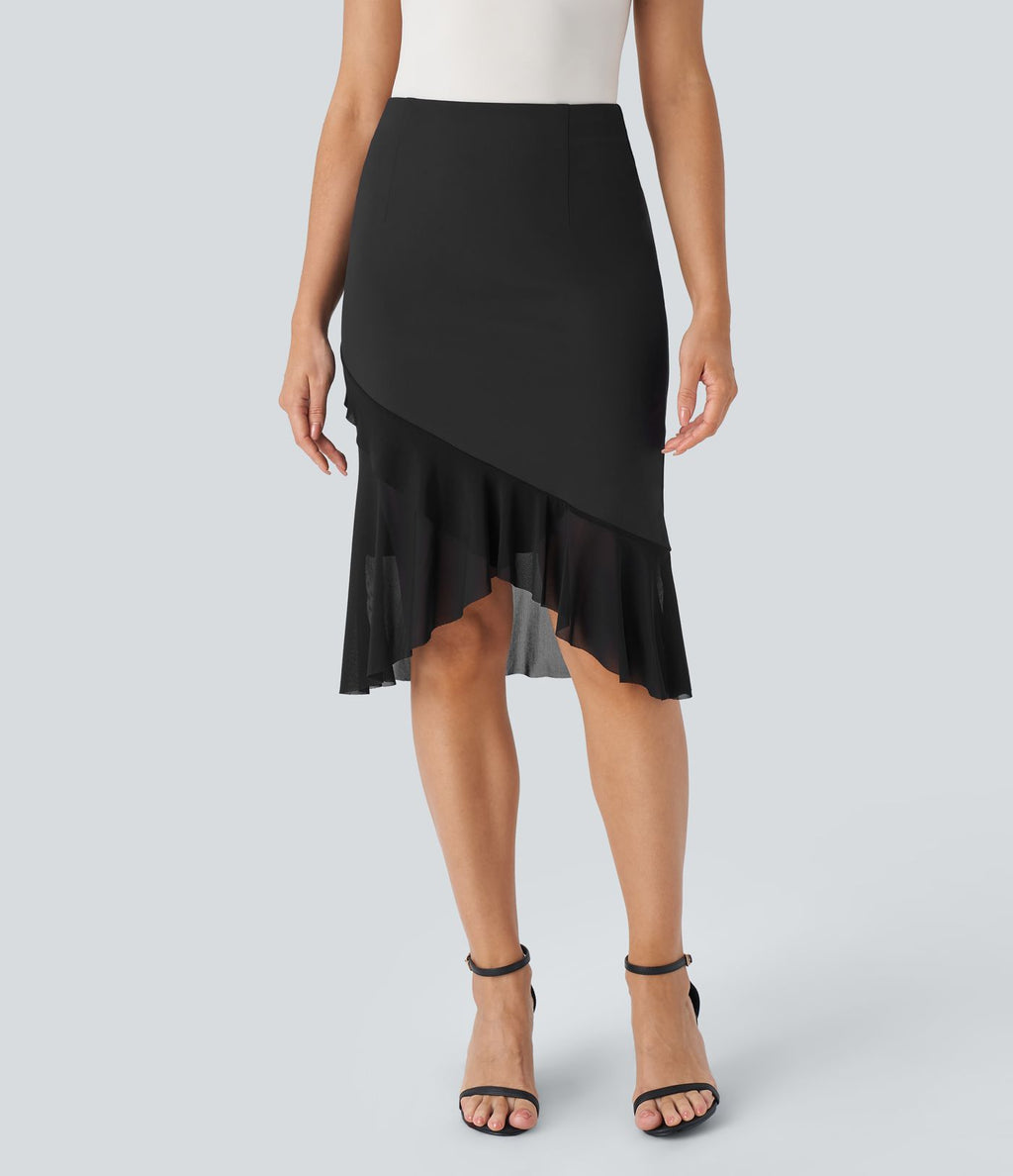 Jupe sirène de travail taille haute avec mesh contrastant et ourlet à volants DayStretch