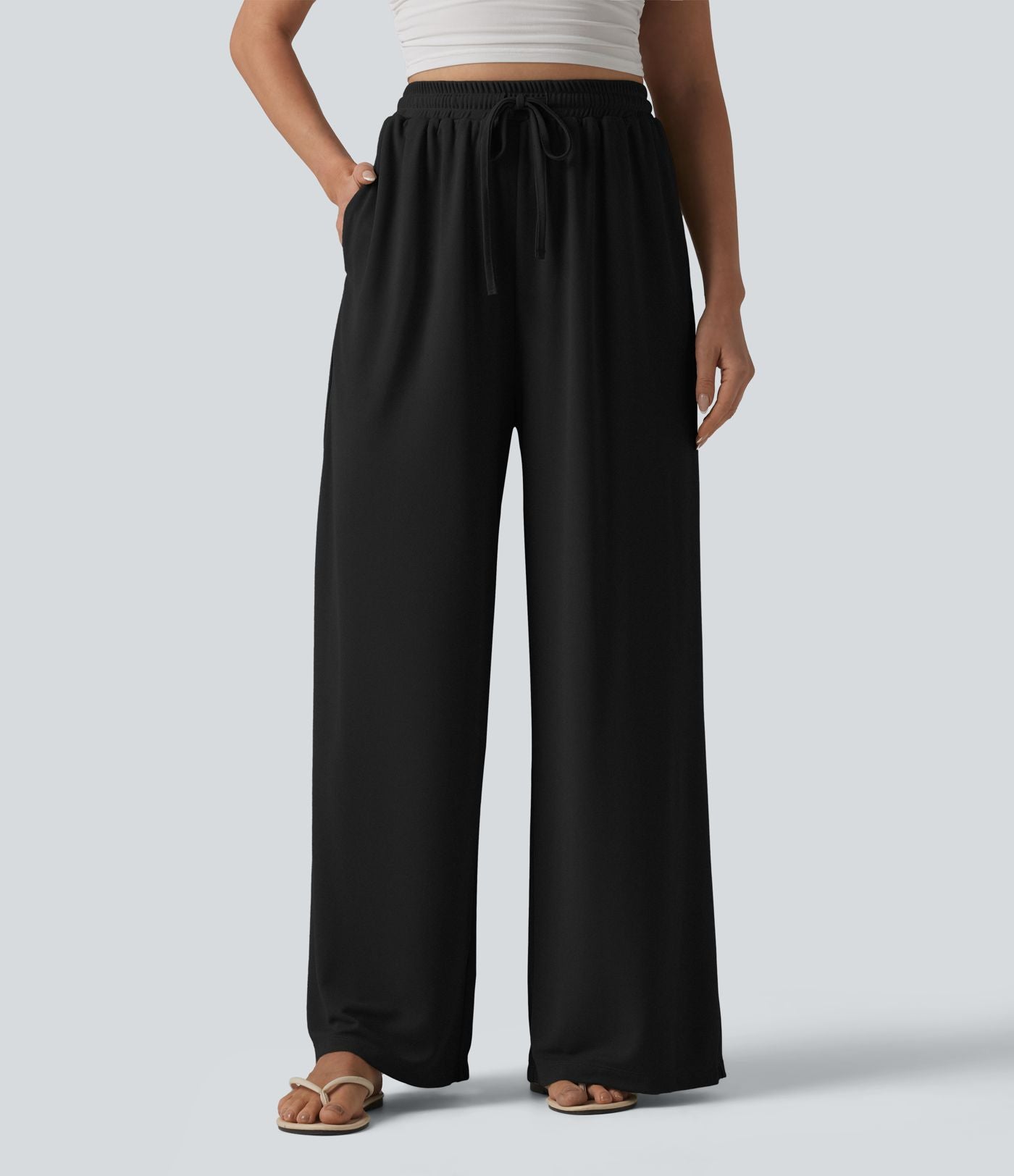 Pantalon large taille haute avec cordon de serrage et poches