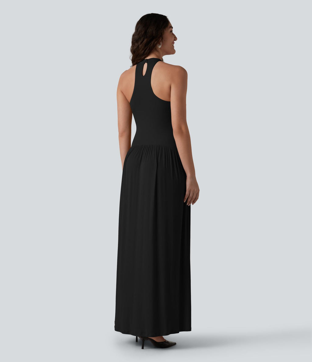 Robe longue côtelée à dos nageur, brassière intégrée et poches