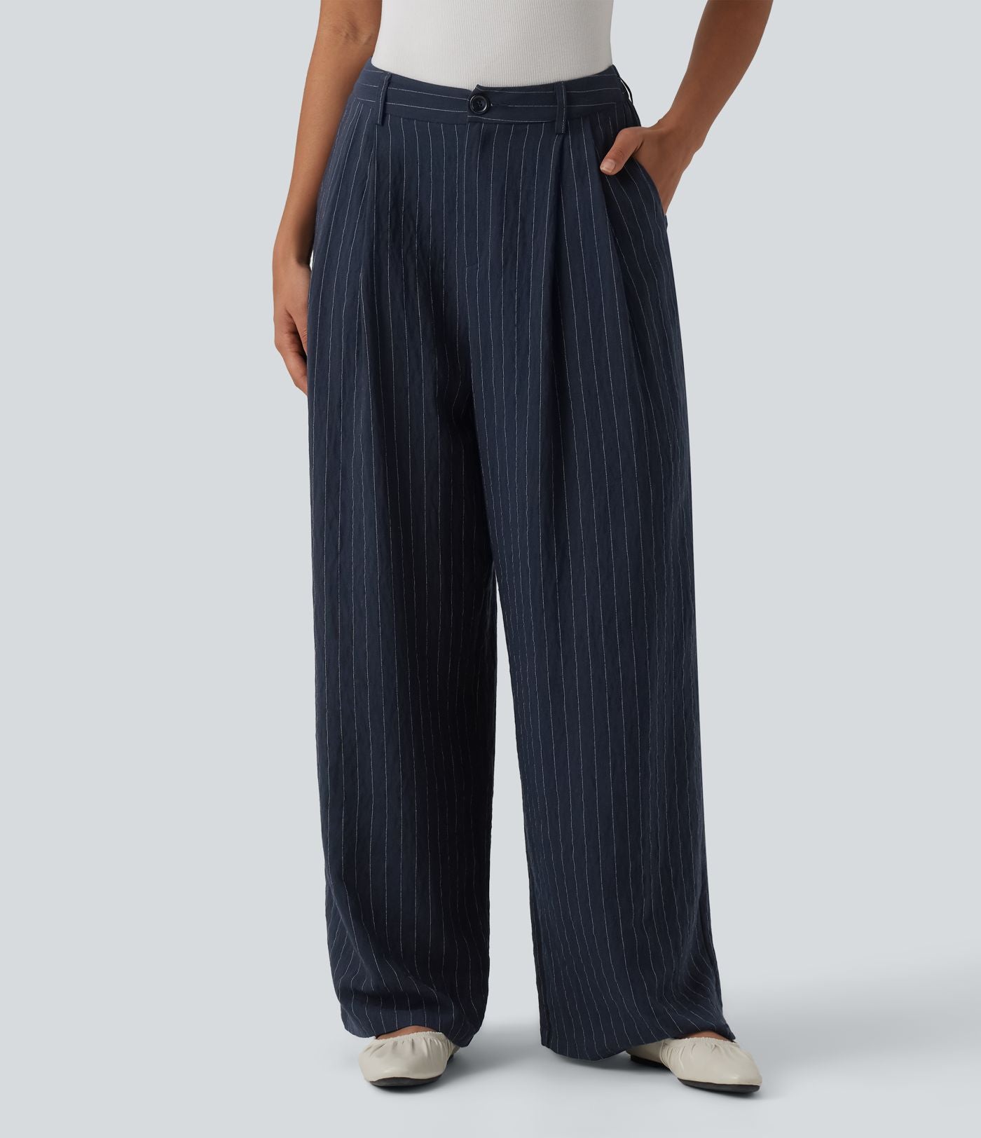 Pantalon bureau taille haute rayé, coupe ample avec poches