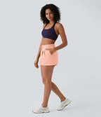 Short 7,5cm Casual à Taille Moyenne avec Ceinture Élastique Cordon de Serrage et Poches Latérales Ruchées