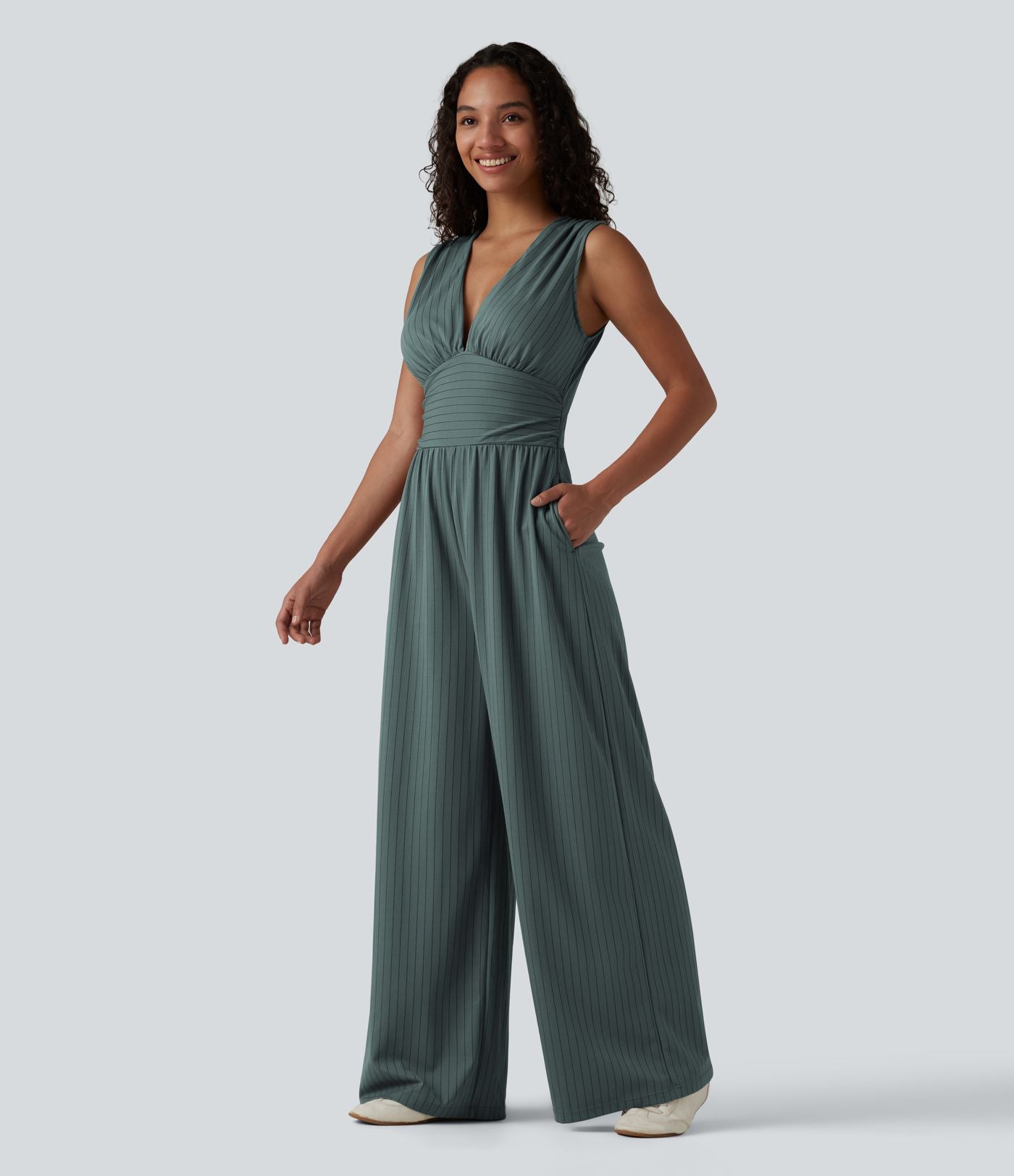 Combinaison tailleur col V sans manches à rayures et fronces avec poches - Easy Peasy