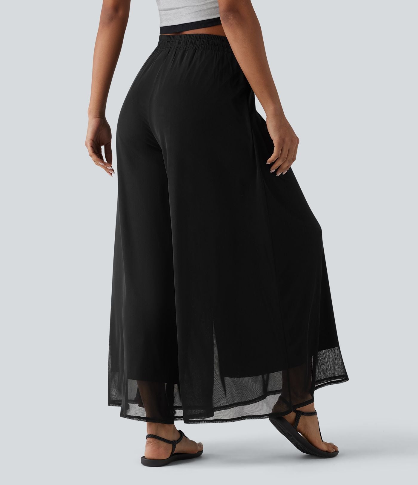 Pantalon large fluide décontracté mesh taille haute avec cordon de serrage et poches