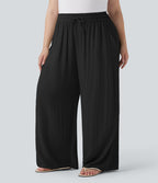 Pantalon décontracté grande taille large fluide taille haute effet lin avec cordon de serrage et poches