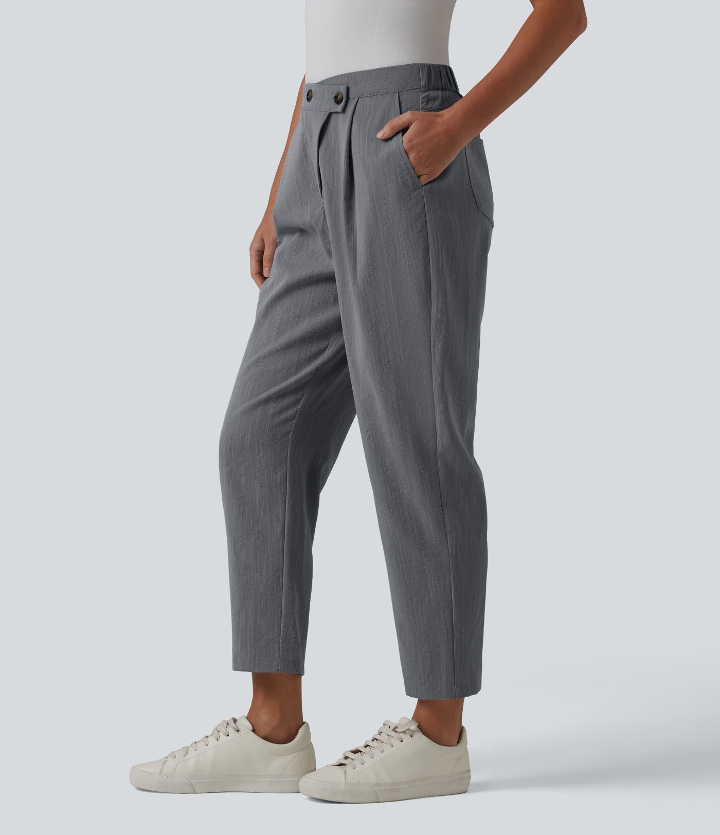 Pantalon tailleur aspect lin fuselé taille haute asymétrique avec poches