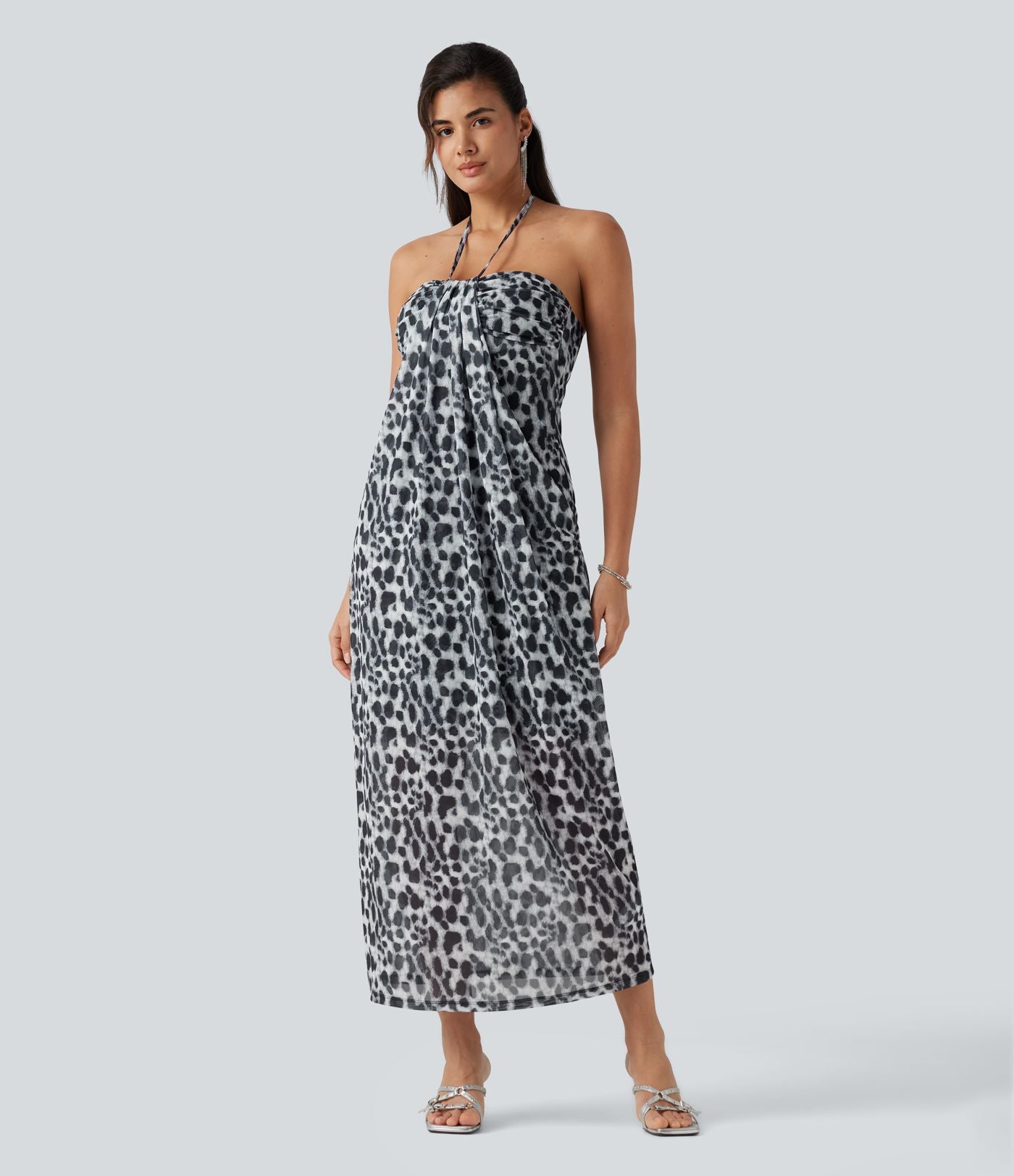 Robe maxi imprimé léopard dos nu à nouer avec brassière intégrée
