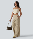 Pantalon cargo décontracté en popeline stretch taille mi-haute, coupe jambe large avec poches